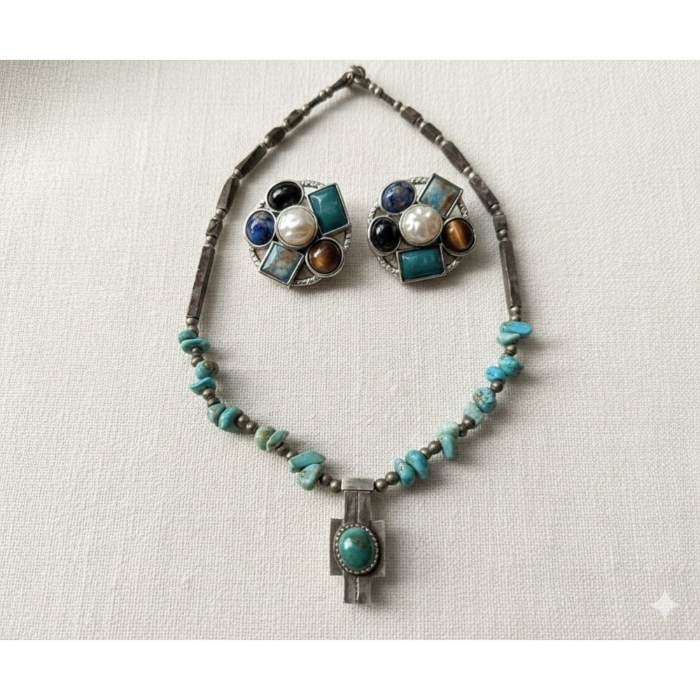 Vintage Turquoise Southwestern Necklace Stones Earring Set Statement Clip On